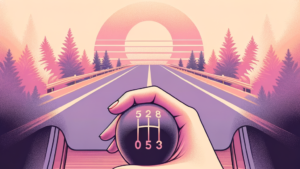 Surreal retro driving scene with manual gear shift, vibrant sunset, and stylized landscape.
