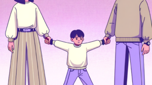 Counter parenting conflict illustration: child distressed between two adults in a tense emotional scene.