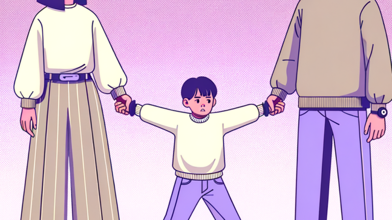 Counter parenting conflict illustration: child distressed between two adults in a tense emotional scene.