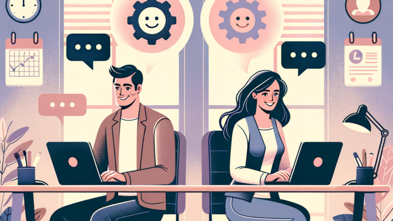 Modern coparenting scene with coparents collaborating with the use of AI, vibrant decor, laptops, and natural lighting.