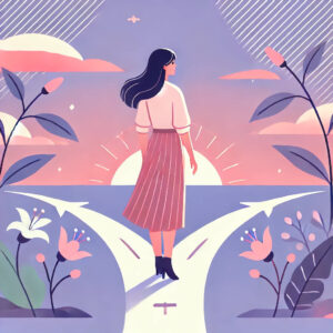 Coparent at sunset crossroads, choosing path with ocean backdrop, vibrant floral scenery.