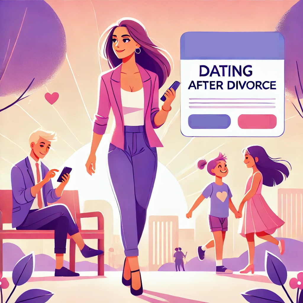 Dating after divorce scene: woman walking confidently, man on phone, children playing, cityscape background.