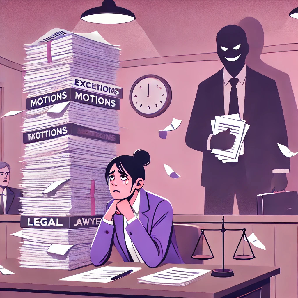 Woman stressed at desk with legal papers and menacing figure in background.