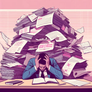 Coparent overwhelmed by paperwork, illustrating legal abuse