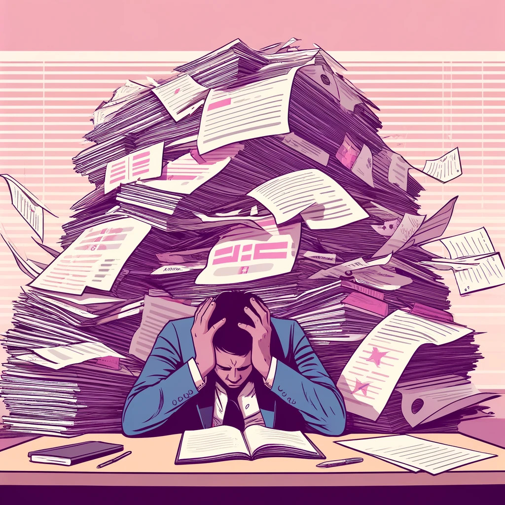 Coparent overwhelmed by paperwork, illustrating legal abuse