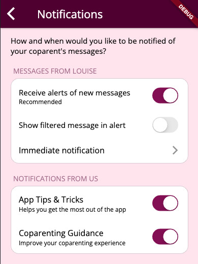Coparenting app notification settings screen with options for message alerts and app tips.