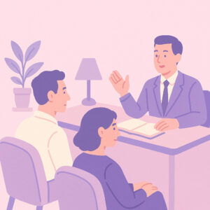 Professional mediation consultation scene with three people in a pastel-colored setting.