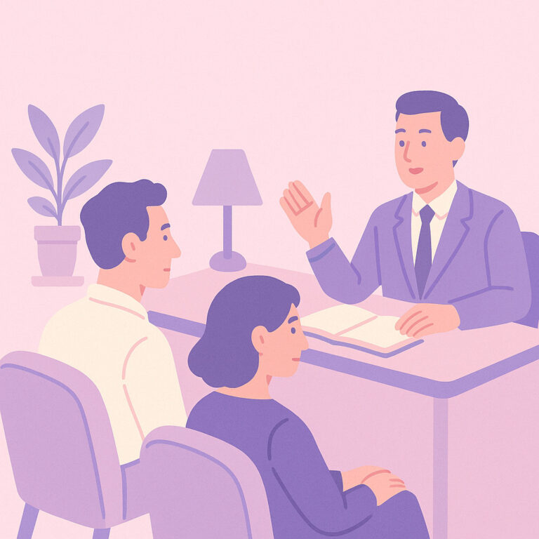 Professional mediation consultation scene with three people in a pastel-colored setting.