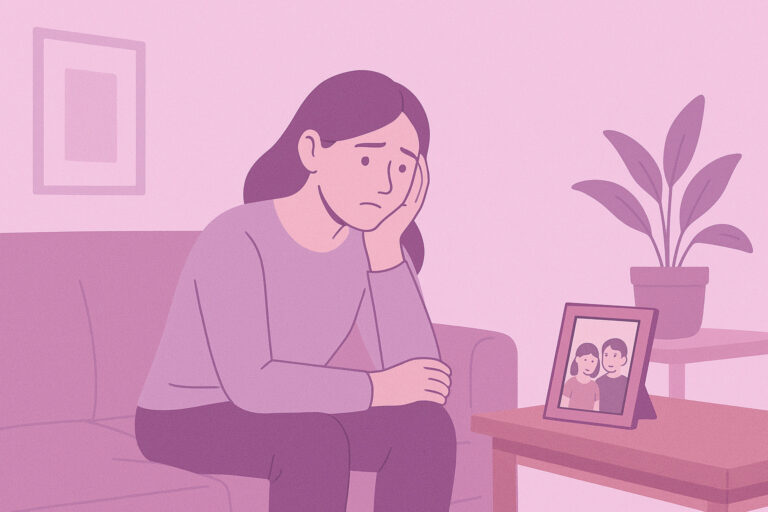 Pensive woman sitting on couch in pink-themed room, contemplating framed photo.