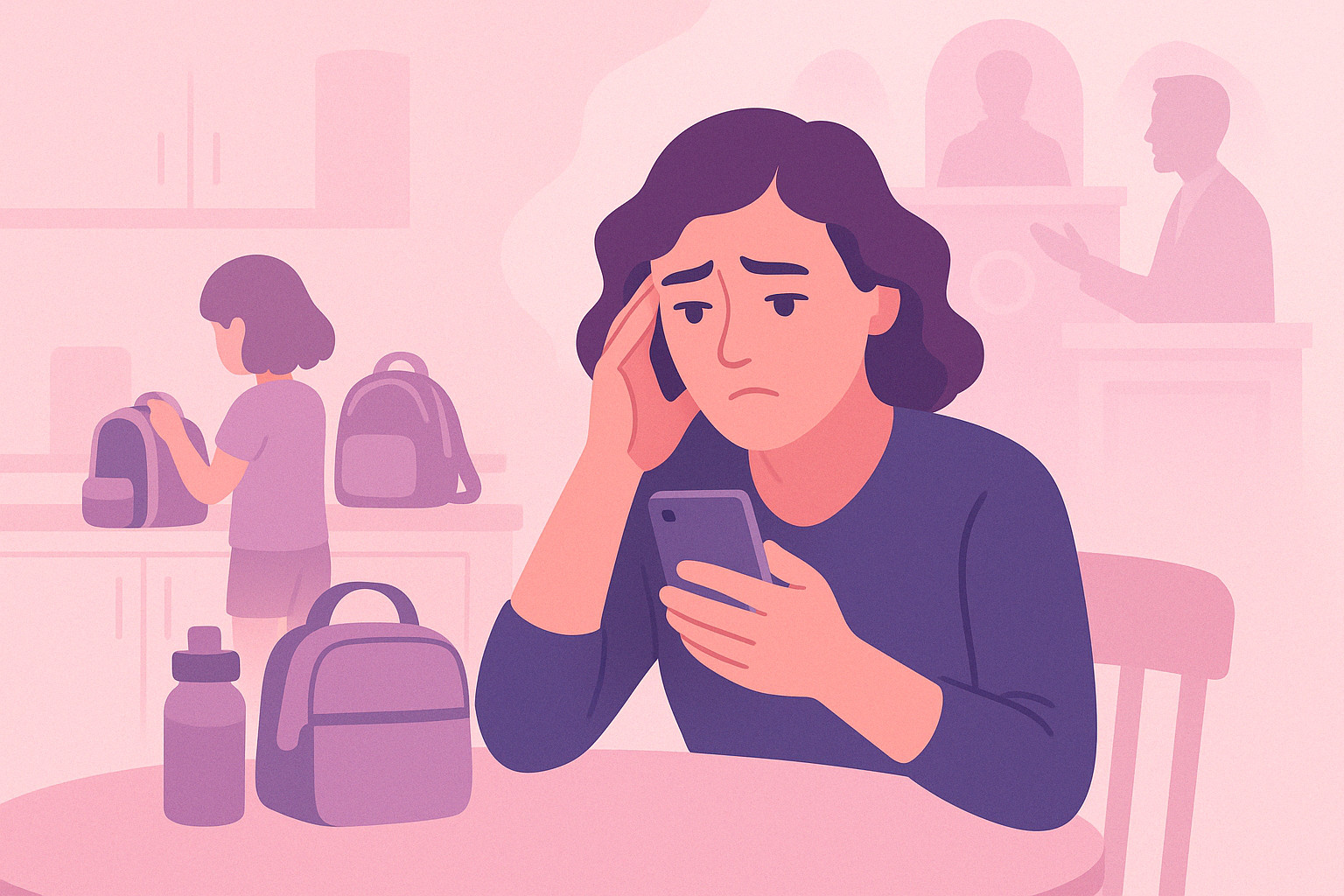 Woman stressed with phone at table in domestic setting; child in background.