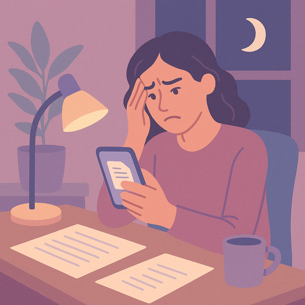 Woman stressing over a late night 4:30 motion