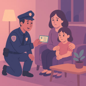 Police officer offering an emergency contact card