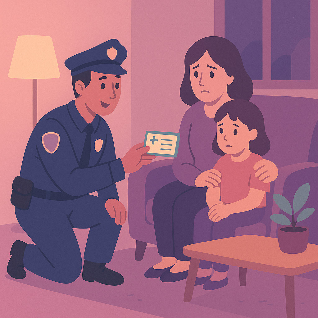 Police officer offering an emergency contact card