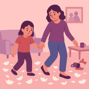 Mother walking with his daughter over broken glass of a difficult toxic relationship