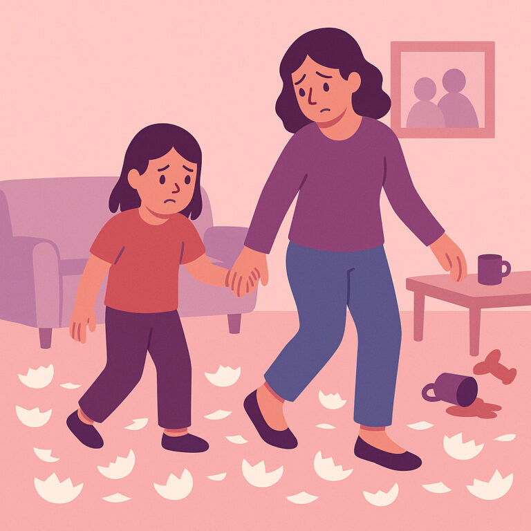 Mother walking with his daughter over broken glass of a difficult toxic relationship