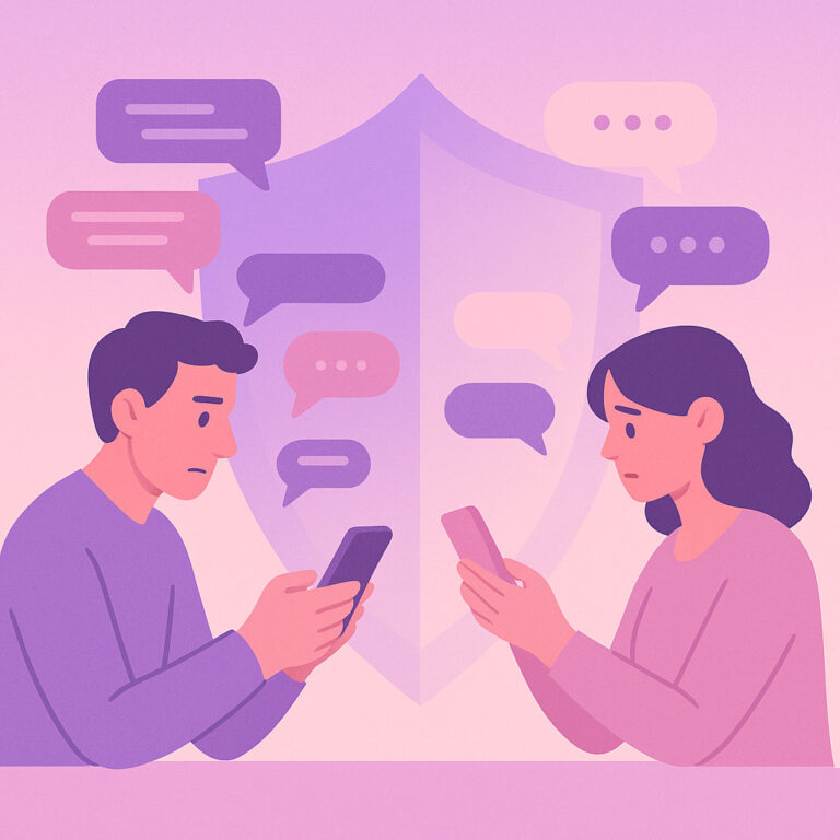 Two coparents chatting with one another with a protective moderated shield