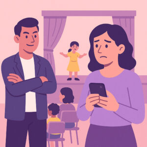 Theater scene with contrasting emotions, child performing, coparents reacting differently.