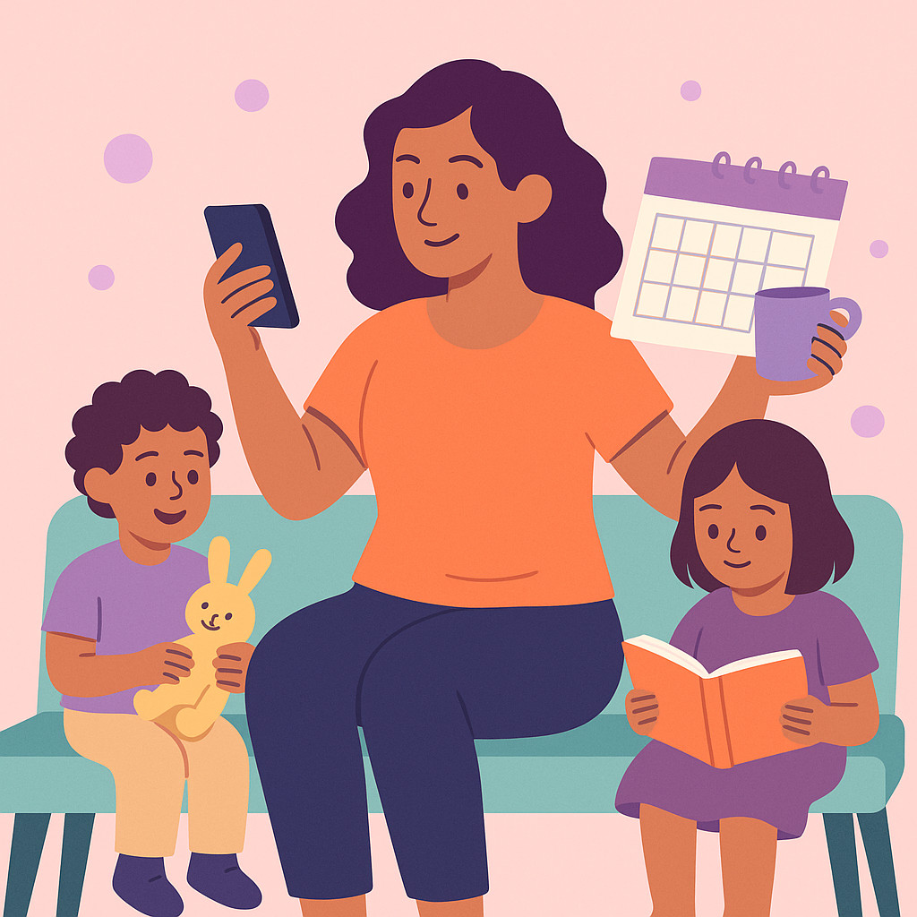 Family sitting on a sofa, balancing technology and traditional activities in a warm, secure environment.