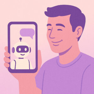 Smiling man with smartphone engages in friendly interaction with a coparenting AI