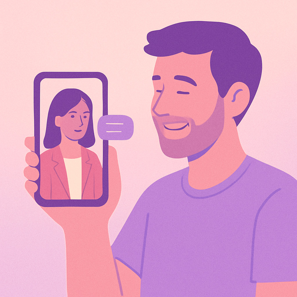 Person on a video call smiles while holding a smartphone, showcasing modern communication.