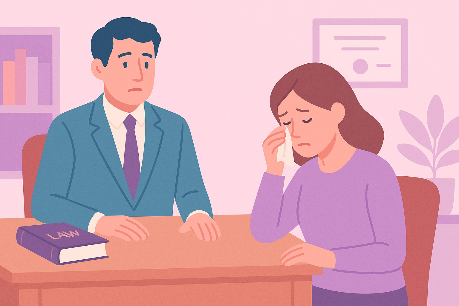 Lawyer counseling a distressed client in a professional office setting.