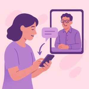 Woman on smartphone connects with therapist on tablet in friendly digital conversation.