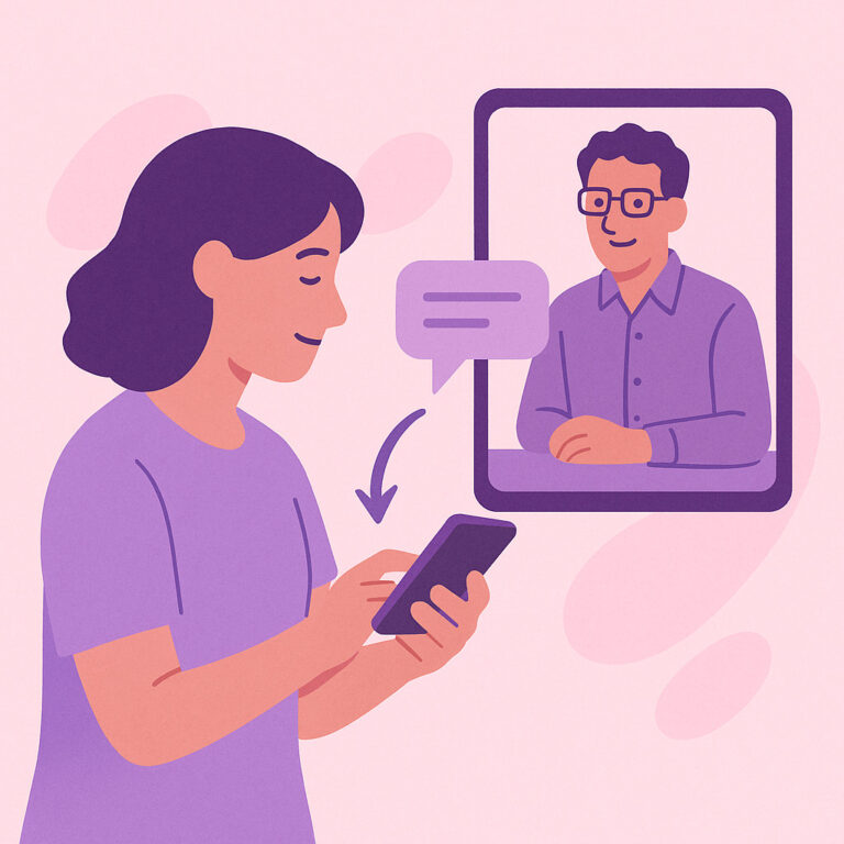 Woman on smartphone connects with therapist on tablet in friendly digital conversation.