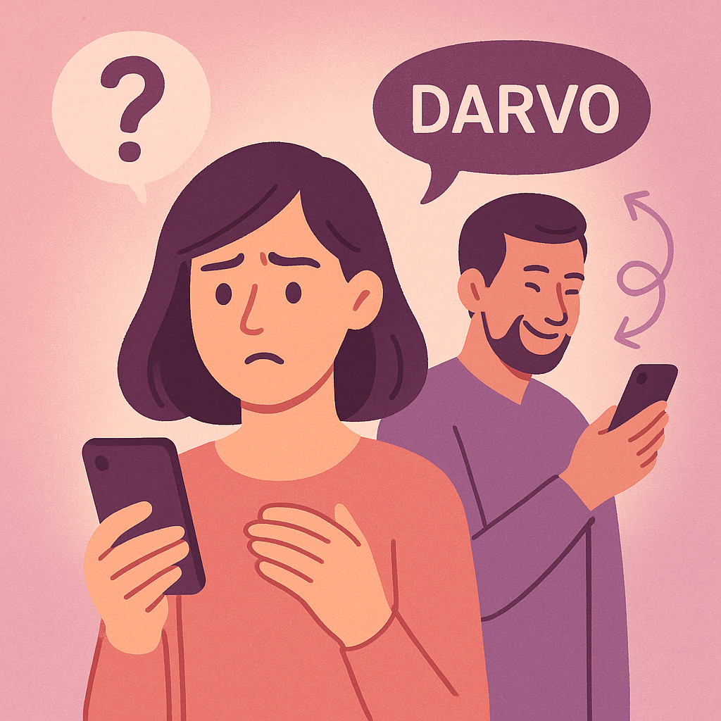 Woman and man use smartphones, conveying emotions of confusion and manipulation DARVO