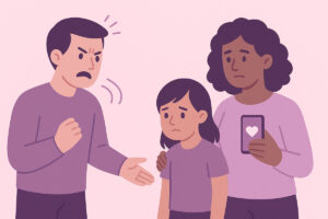 Illustration of an angry, controlling ex yelling at a sad girl, while a concerned woman stands beside the girl with her hand on her shoulder, holding a phone displaying a heart icon.