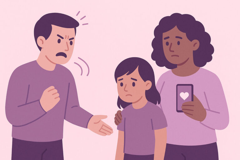 Illustration of an angry, controlling ex yelling at a sad girl, while a concerned woman stands beside the girl with her hand on her shoulder, holding a phone displaying a heart icon.