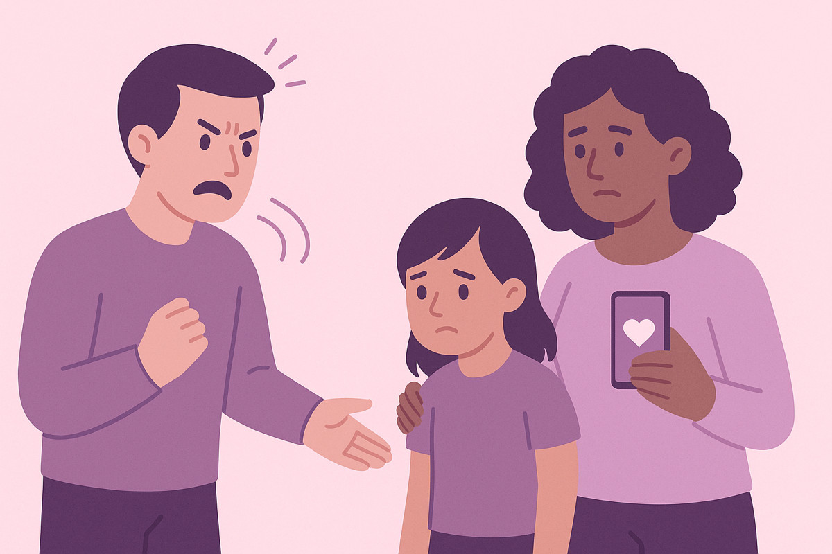 Illustration of an angry, controlling ex yelling at a sad girl, while a concerned woman stands beside the girl with her hand on her shoulder, holding a phone displaying a heart icon.