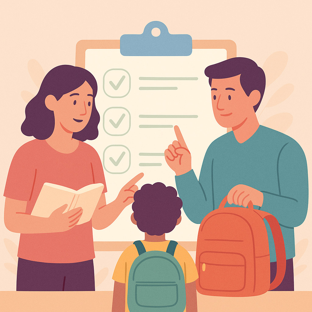 Two adults talk to a child with a green backpack in front of a back-to-school checklist on a clipboard. One adult holds a book while the other points at the checklist, helping prepare for the new school year.