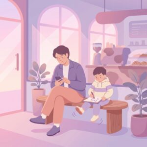 A parent and child at a safe, public child custody exchange location.