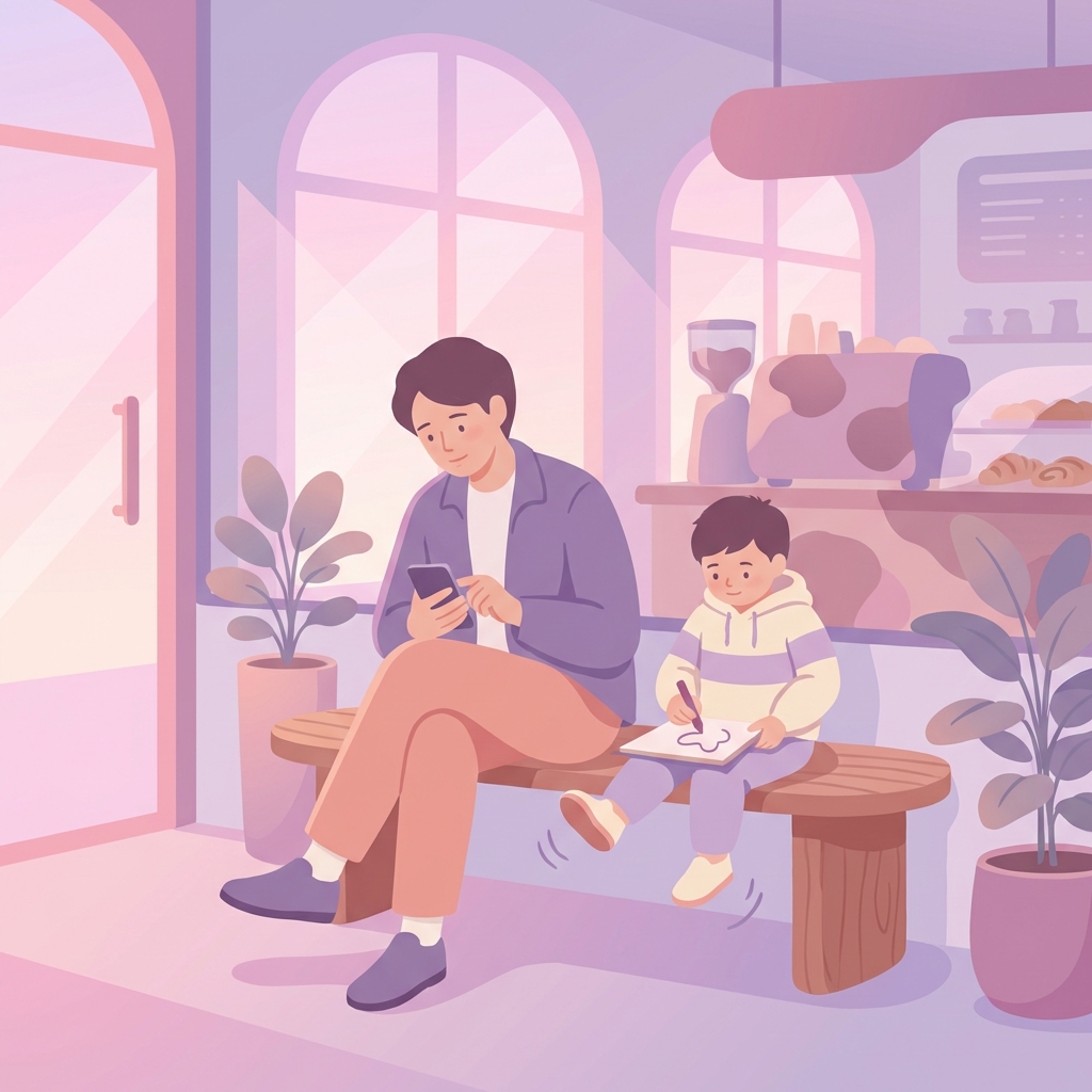A parent and child at a safe, public child custody exchange location.