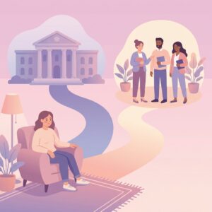 A person preparing for divorce chooses a path with a full support team over going straight to a lawyer and courthouse.