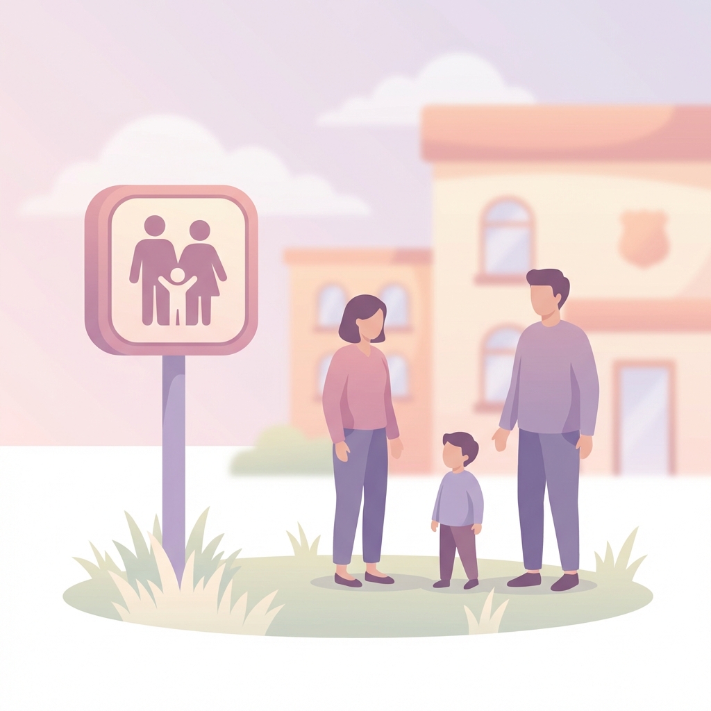 A designated safe exchange zone sign in the parking lot of a police station for child custody exchanges.